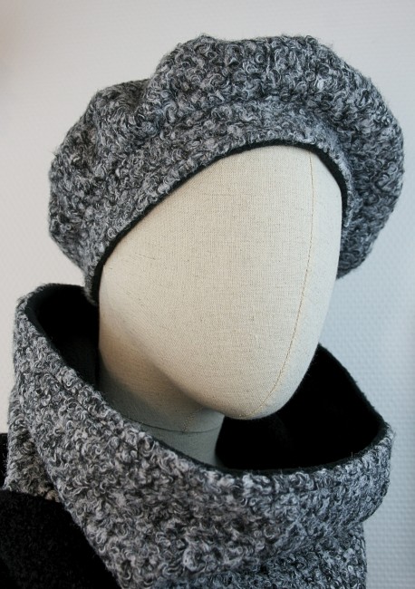 Béret femme en lainage bouclette chiné gris et noir