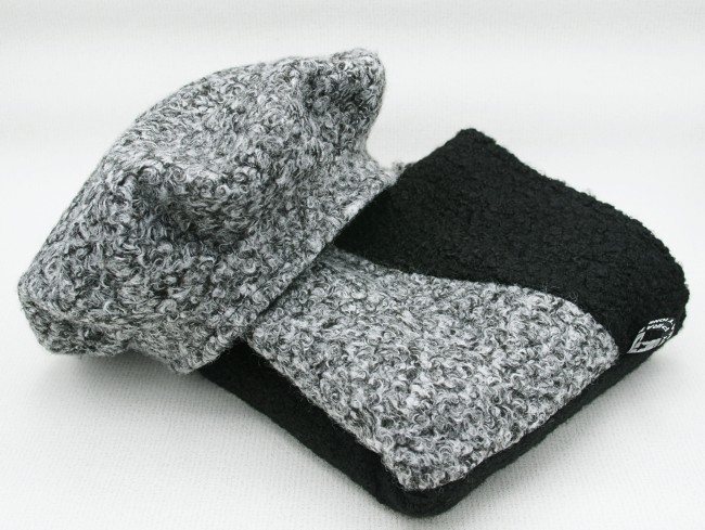 Ensemble béret et snood gris chiné et noir en lainage et polaire