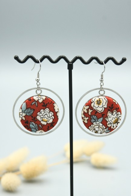 Boucles d'oreilles rondes en tissu fleuri orange foncé et gris