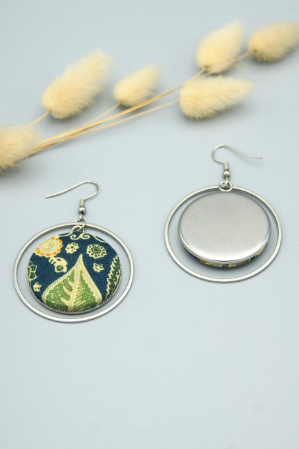 Paire de boucles d'oreilles rondes 40mm en coton indien vert et jaune