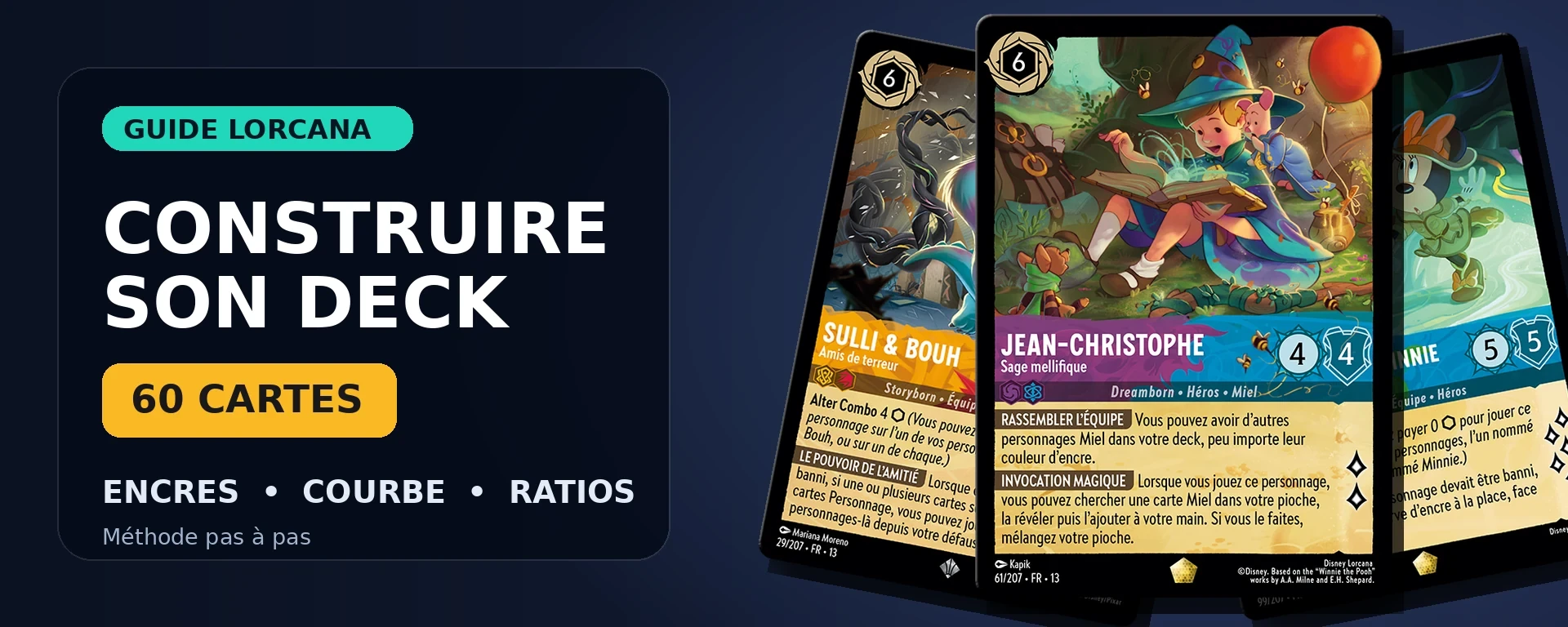 Trois cartes Disney Lorcana françaises illustrant la construction d’un deck de 60 cartes