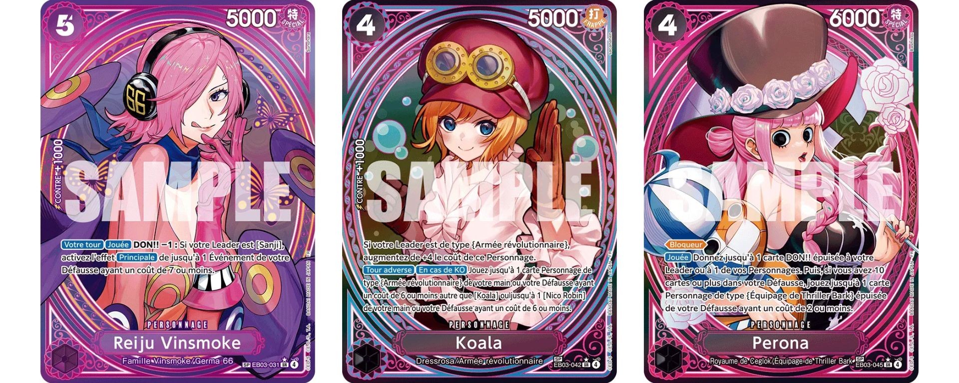Cartes SP Reiju Vinsmoke Koala et Perona Extra Booster EB-03 Heroines Edition One Piece Card Game