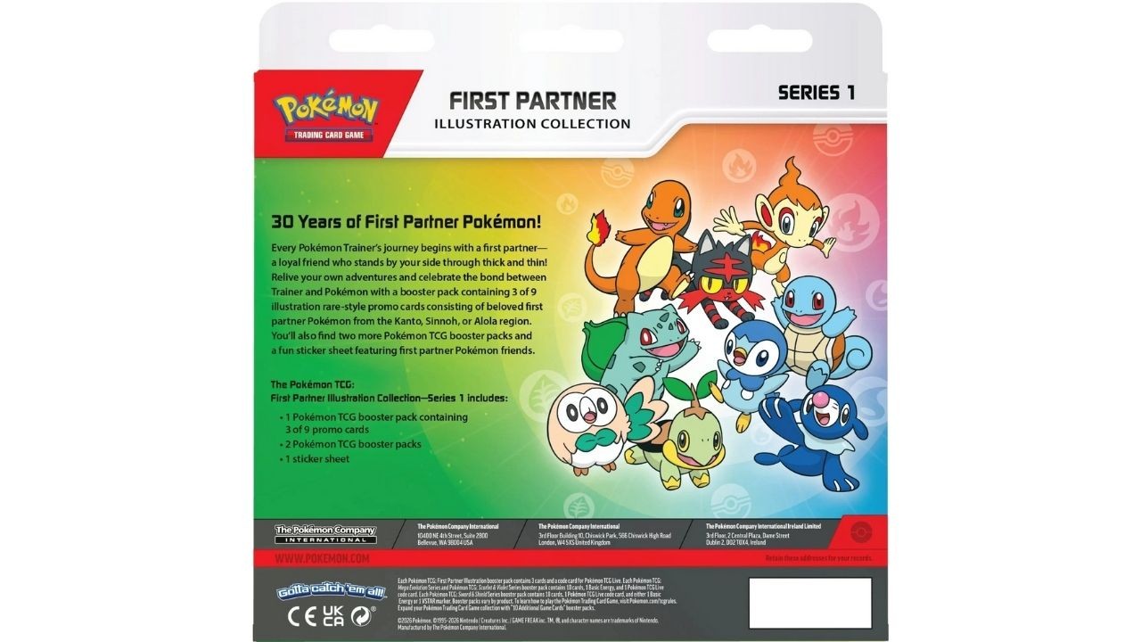 Dos du coffret First Partner Illustration Collection Pokémon avec les starters des différentes régions