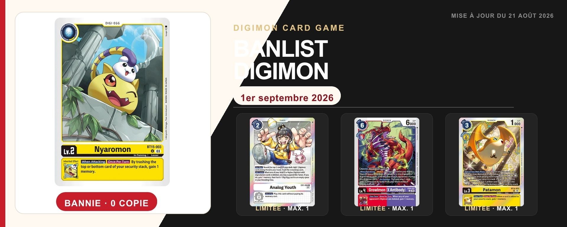 Banlist Digimon Card Game du 1er septembre 2026 avec Nyaromon, Analog Youth, Growlmon (X Antibody) et Patamon