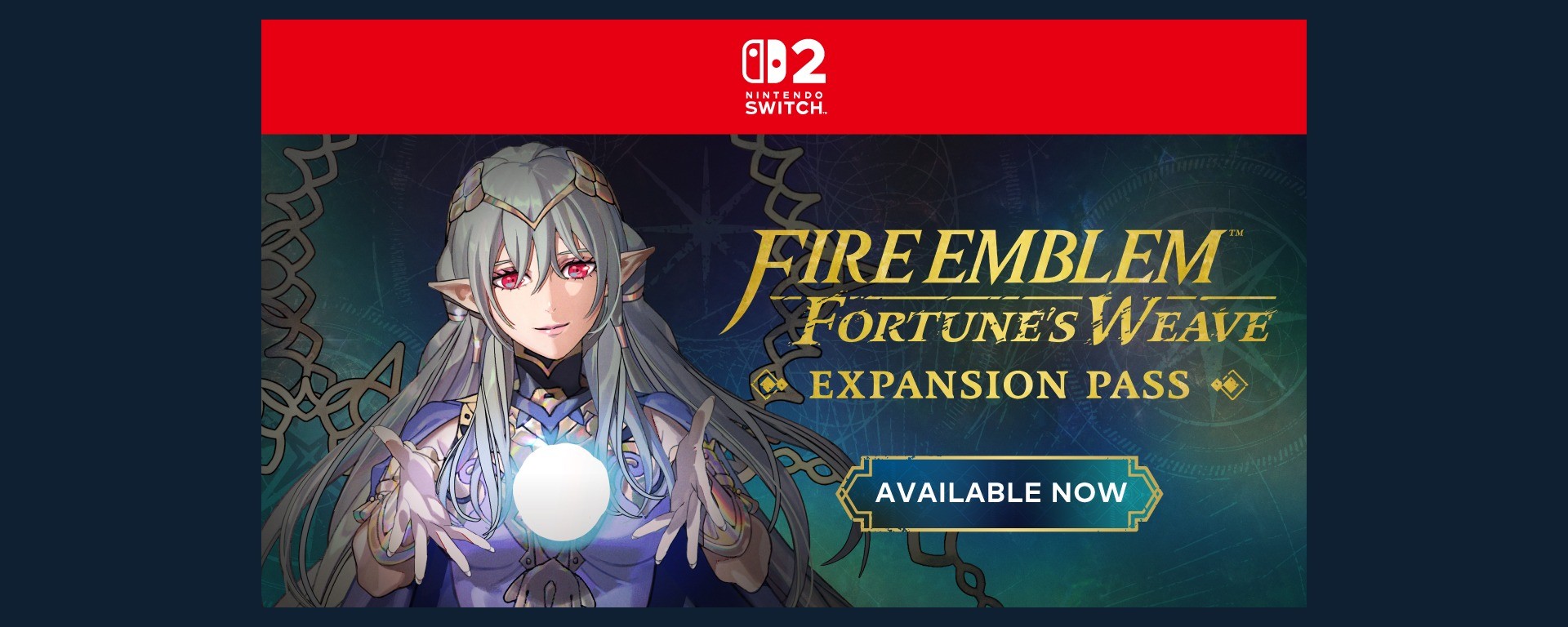 Bannière officielle du Pass d’extension Fire Emblem: Fortune’s Weave avec une héroïne, le logo Nintendo Switch 2 et le titre du contenu téléchargeable