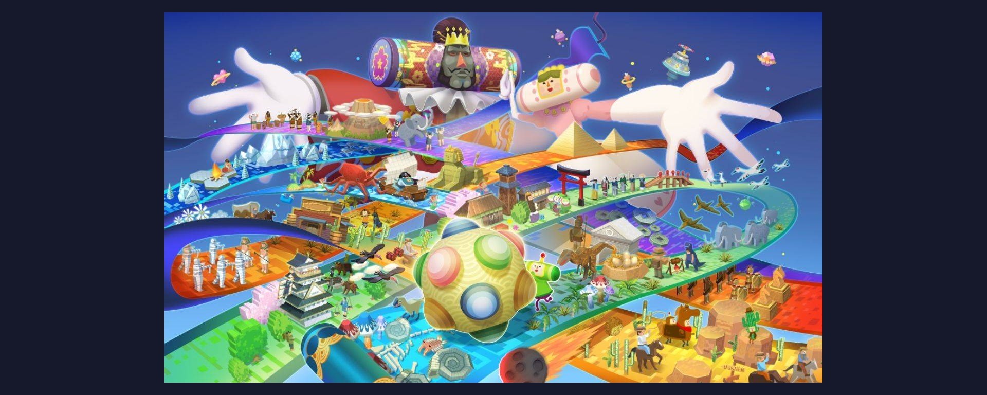 Visuel officiel de Once Upon A KATAMARI avec le Roi de tout le cosmos et les décors du jeu