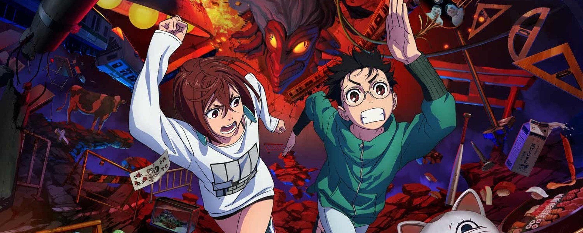 Dandadan, Momo et Okarun dans un visuel promotionnel officiel de la série