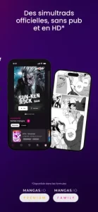 Capture officielle de l’application Mangas.io présentant le lecteur manga sur deux écrans de smartphone.