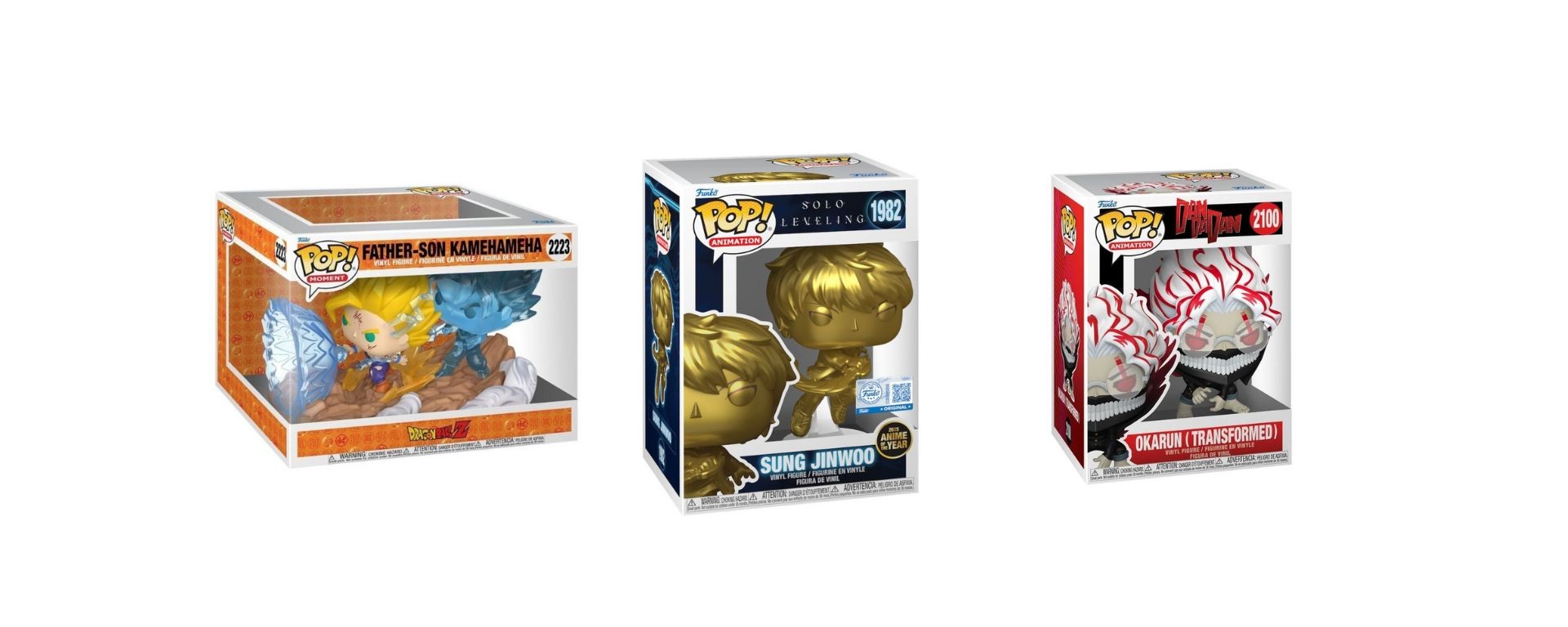 Exemples de Funko Pop : Moments Dragon Ball Z, Solo Leveling et DanDaDan