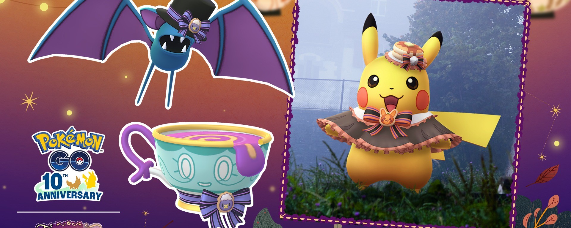 Pikachu costumé pour Halloween, avec Nosferapti coiffé d’un haut-de-forme et Théffroi, visuel officiel Pokémon GO