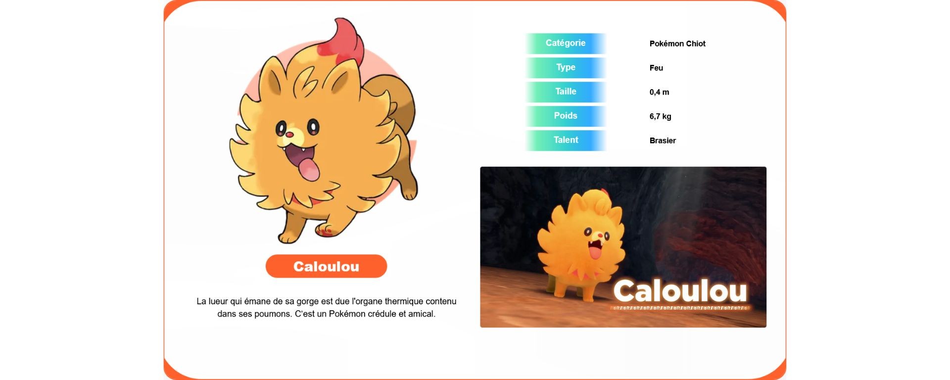 Caloulou type Feu – fiche officielle Pokémon Vents et Pokémon Vagues 2027