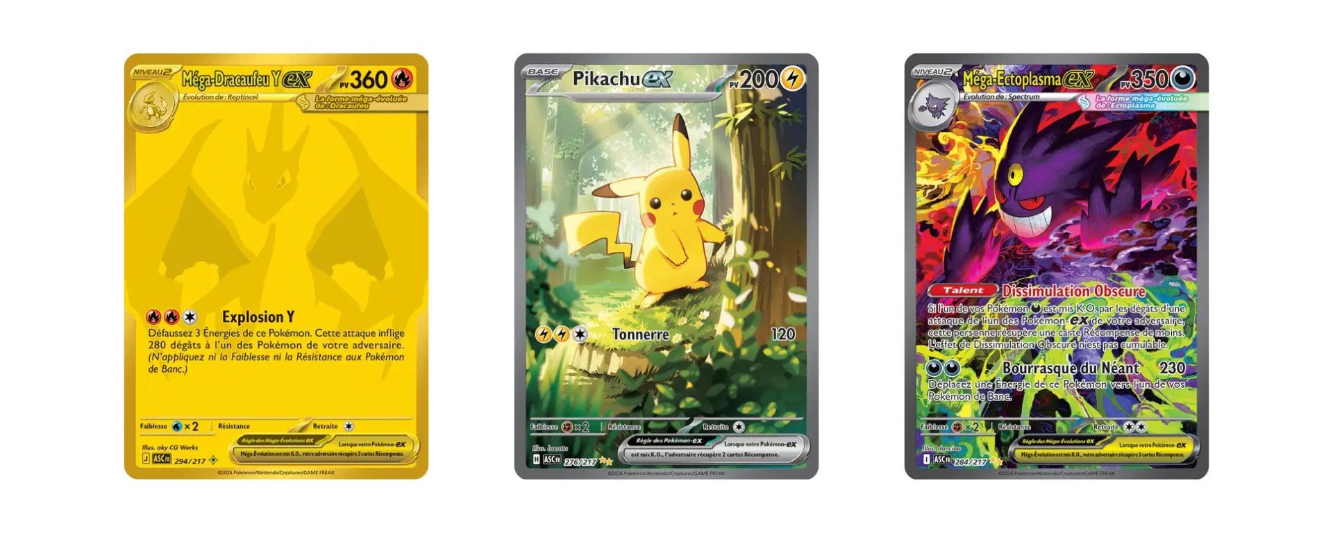 Cartes Pokémon ME2.5 Héros Transcendants les plus chères en français – Méga-Dracaufeu Y ex, Pikachu ex et Méga-Ectoplasma ex