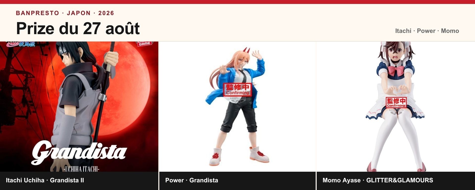 Itachi Uchiha, Power et Momo Ayase parmi les figurines Banpresto Prize du 27 août 2026