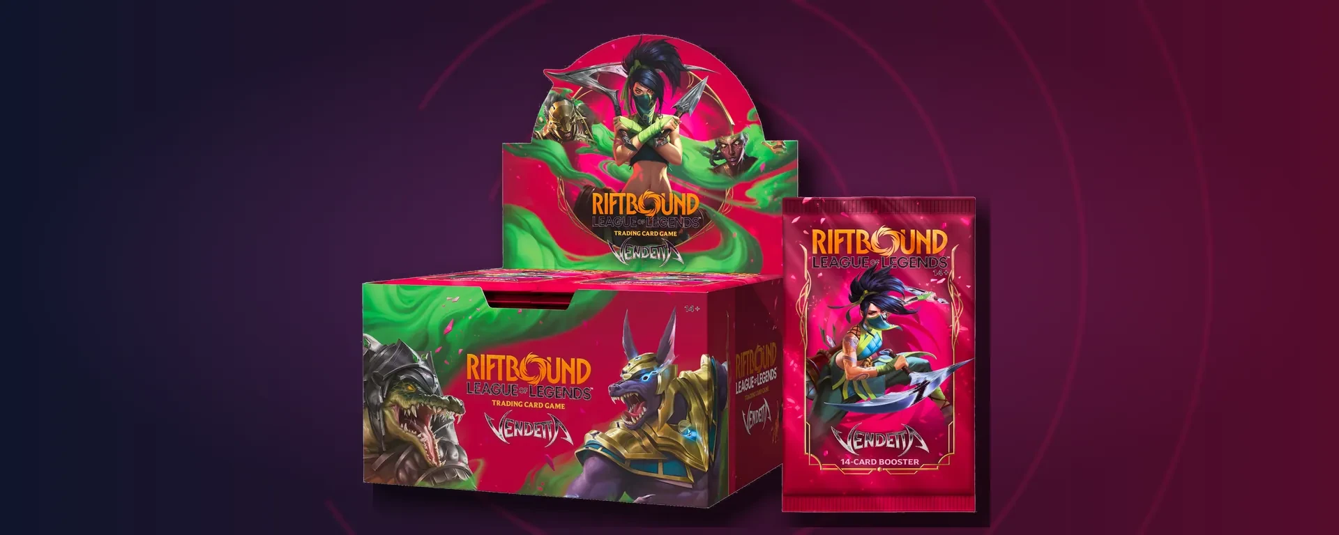 Produits Riftbound Vendetta avec display de boosters et booster individuel