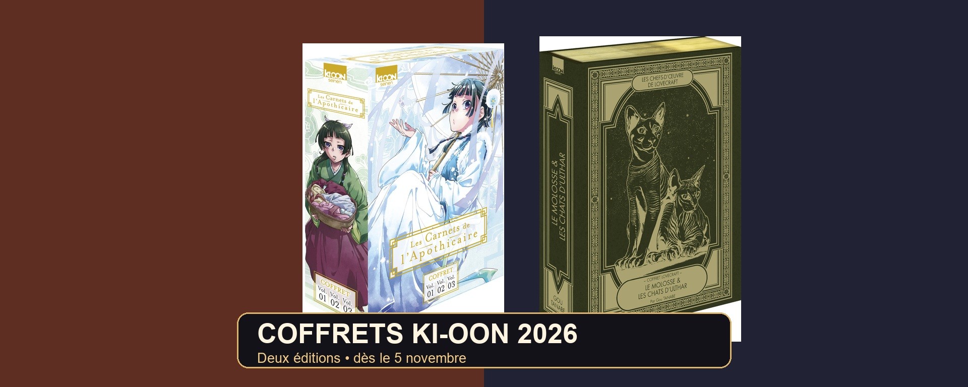 Deux coffrets Ki-oon 2026 : Les Carnets de l’apothicaire et Lovecraft, Le Molosse / Les Chats d’Ulthar