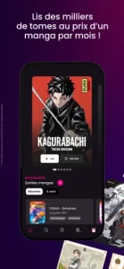 Capture officielle de l’application Mangas.io montrant son catalogue et une fiche de lecture sur smartphone.