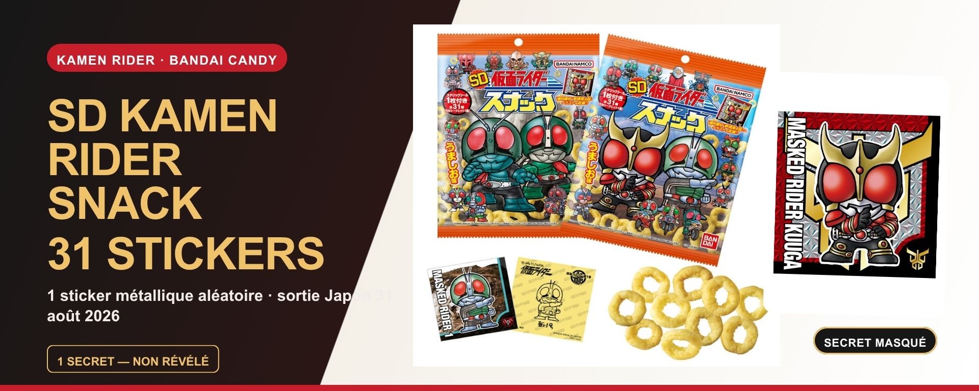 SD Kamen Rider Snack avec packaging Bandai et sticker Kamen Rider Kuuga parmi 31 modèles