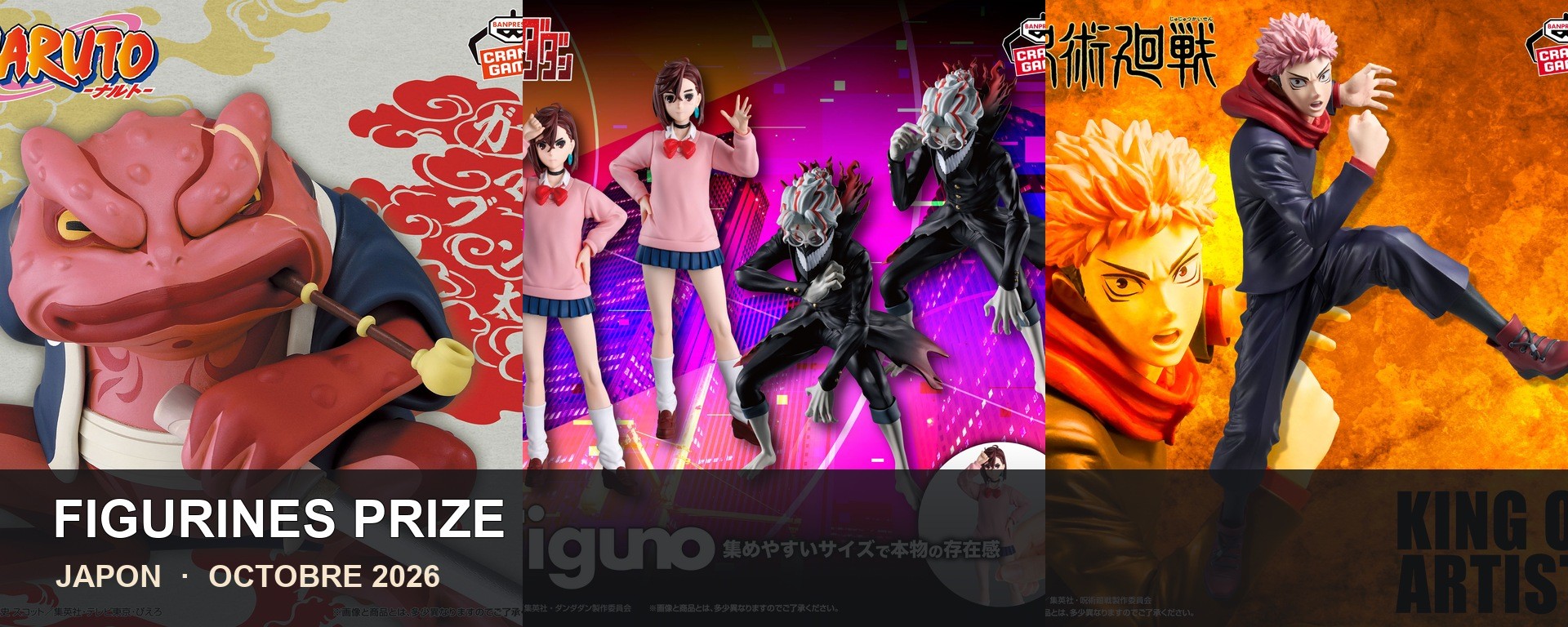 Montage de figurines Prize japonaises annoncées en octobre 2026 : Naruto, Dandadan et Jujutsu Kaisen