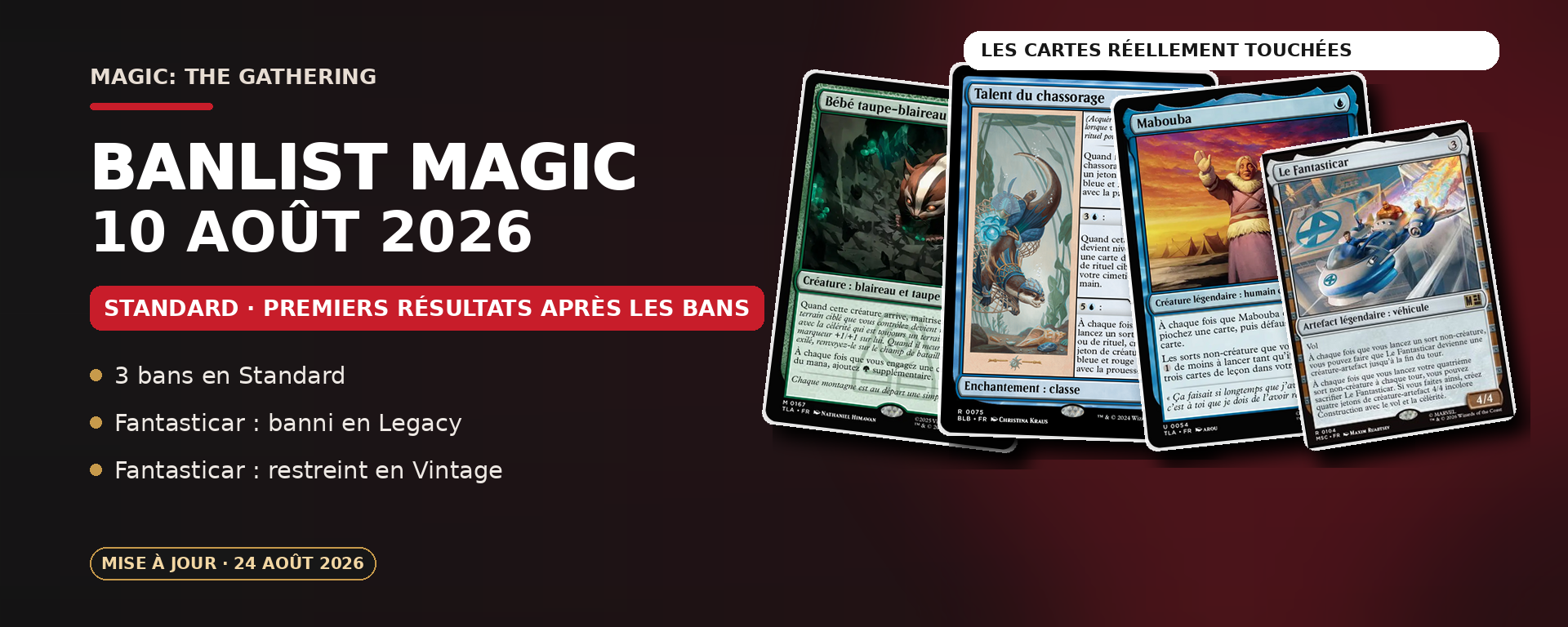 Banlist Magic du 10 août 2026 avec Bébé taupe-blaireau, Talent du chassorage, Mabouba et Le Fantasticar