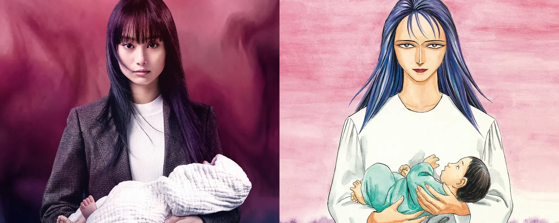 Shioli Kutsuna en Ryoko Tamiya face à l’illustration originale du manga Parasyte