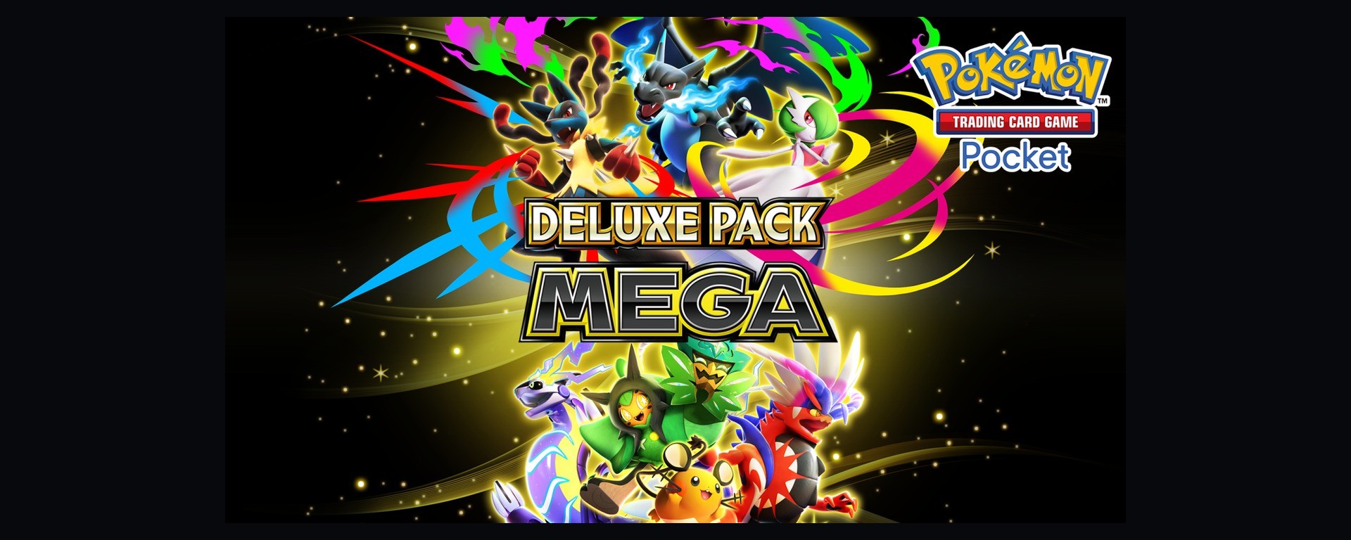 Visuel officiel Pokémon TCG Pocket Deluxe Pack: Mega : logo de l’application et cartes Méga-Évolution en vedette