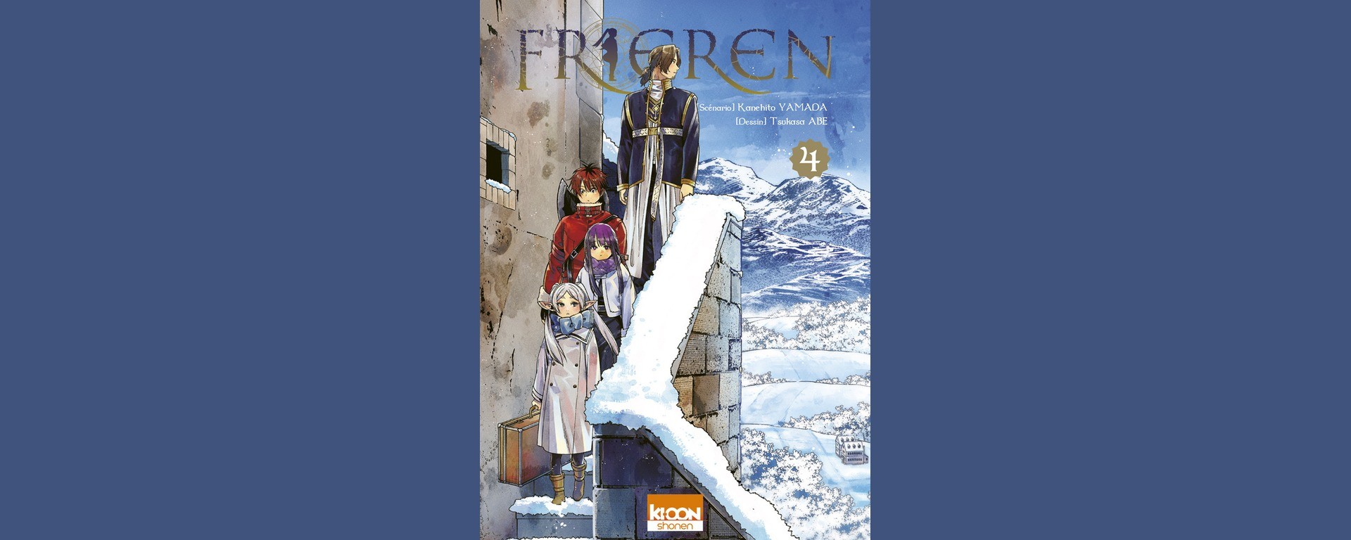Couverture française de Frieren tome 4, édition simple Ki-oon, avec Frieren, Fern et Stark dans un paysage enneigé