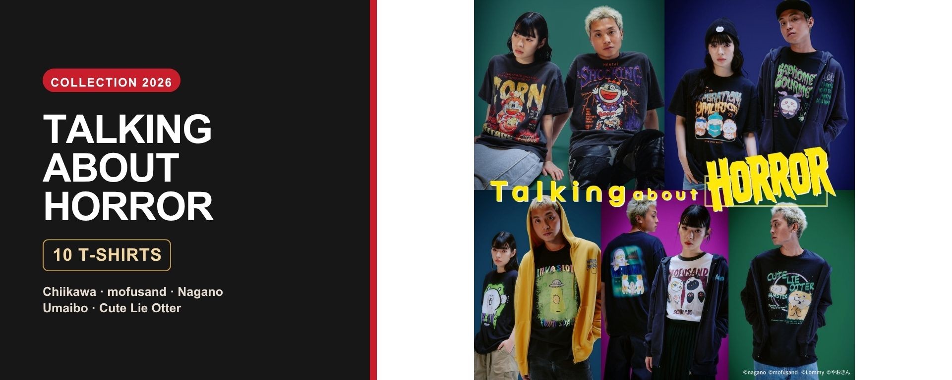 Talking about HORROR — collection de 10 T-shirts Chiikawa, mofusand, Nagano, Umaibo et Cute Lie Otter