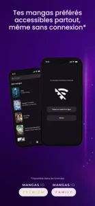 Capture officielle de l’application Mangas.io présentant le mode de lecture hors connexion sur smartphone.