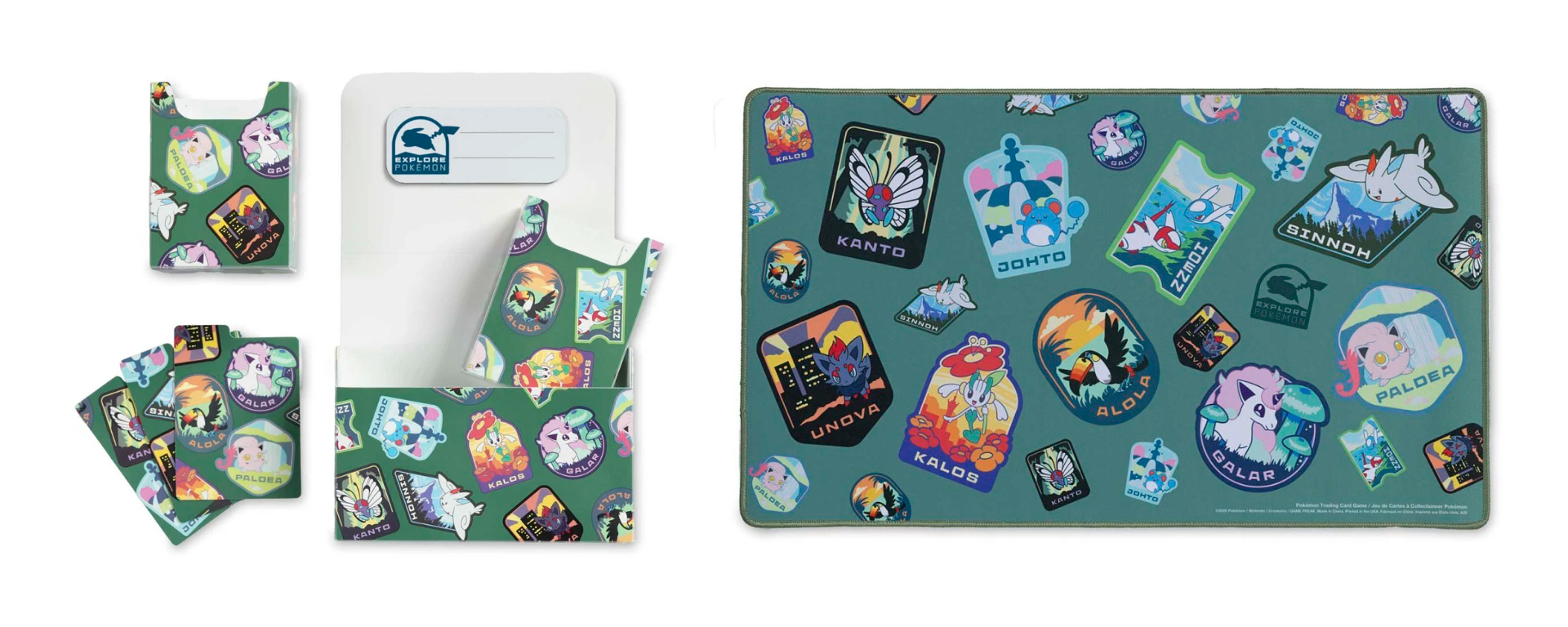 Protège-cartes et tapis de jeu Explore Pokémon avec motifs des régions Pokémon