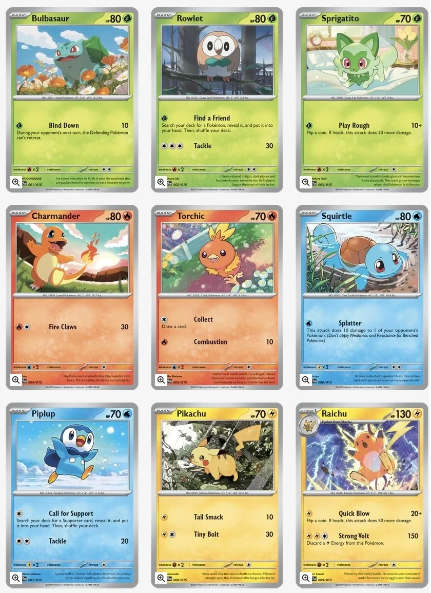 Neuf cartes McDonald’s M27 : Bulbizarre, Brindibou, Poussacha, Salamèche, Poussifeu, Carapuce, Tiplouf, Pikachu et Raichu