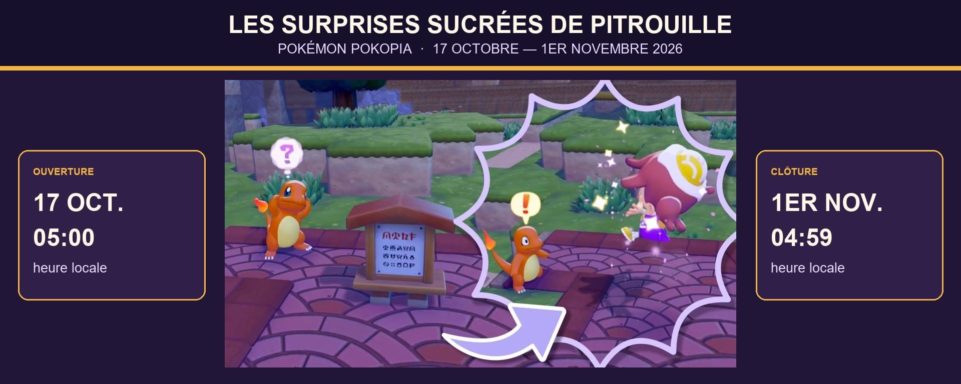 Visuel officiel de Pokémon Pokopia pour Les surprises sucrées de Pitrouille : collecte et Pokémon surpris