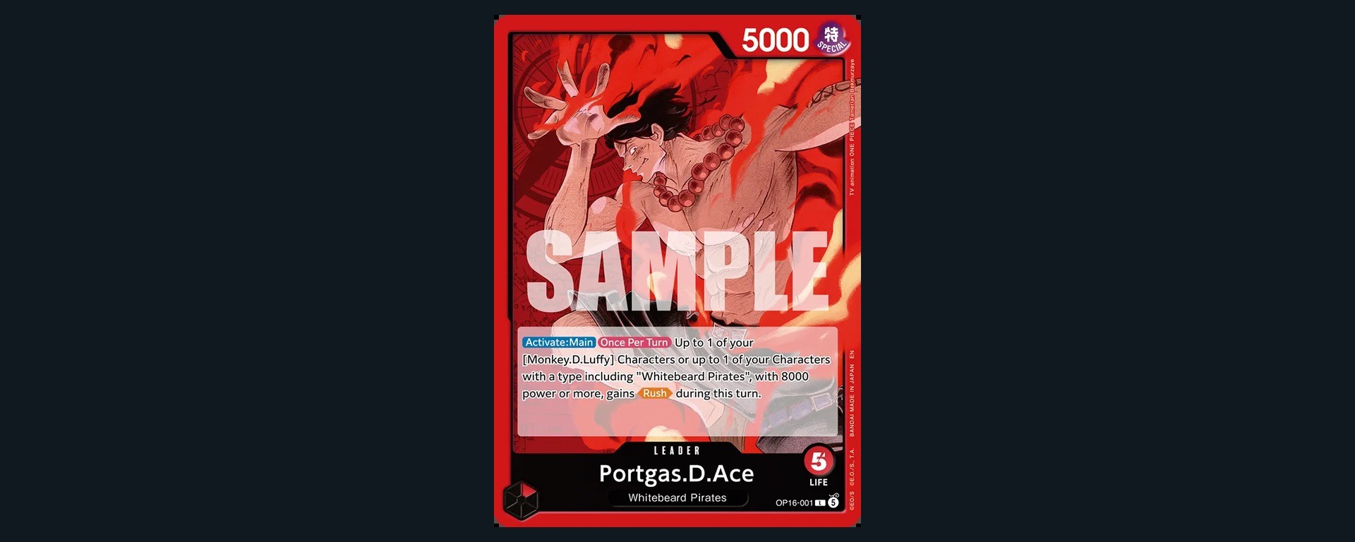 Aperçu officiel anglais marqué SAMPLE de la carte leader Portgas.D.Ace OP16-001