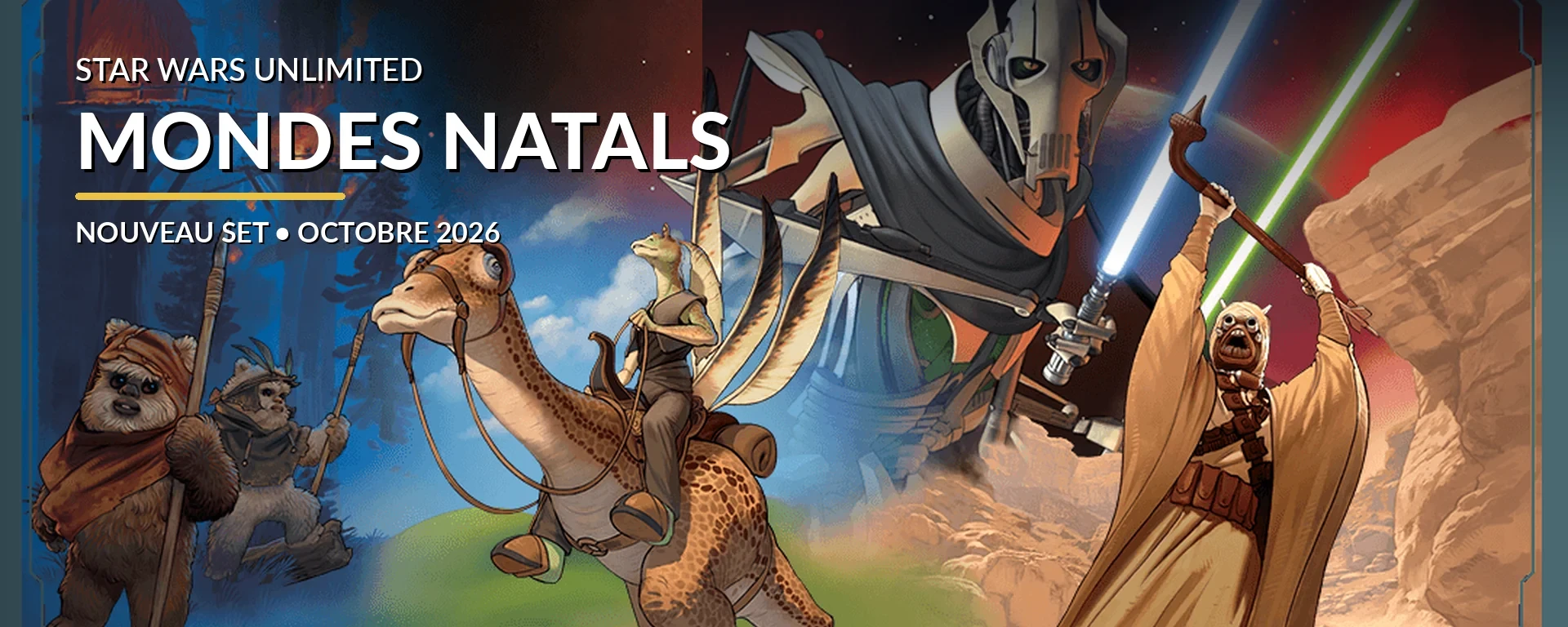 Visuel officiel de Star Wars Unlimited Mondes Natals avec plusieurs peuples et créatures de la galaxie