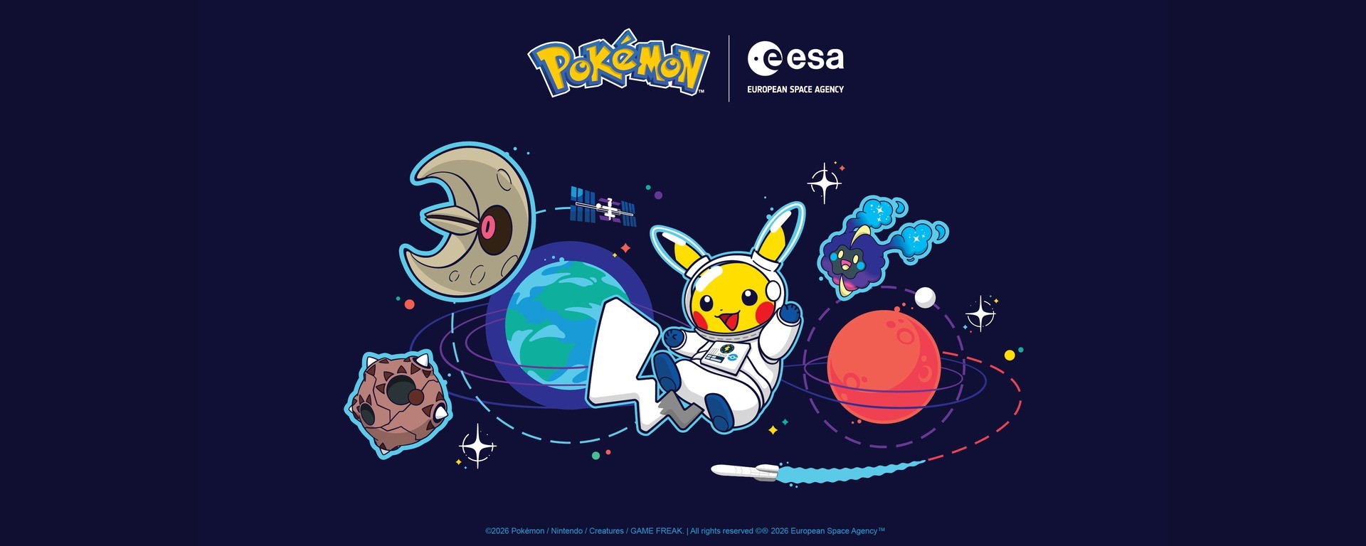Visuel officiel Pokémon × ESA : Pikachu en combinaison d’astronaute autour de la Terre