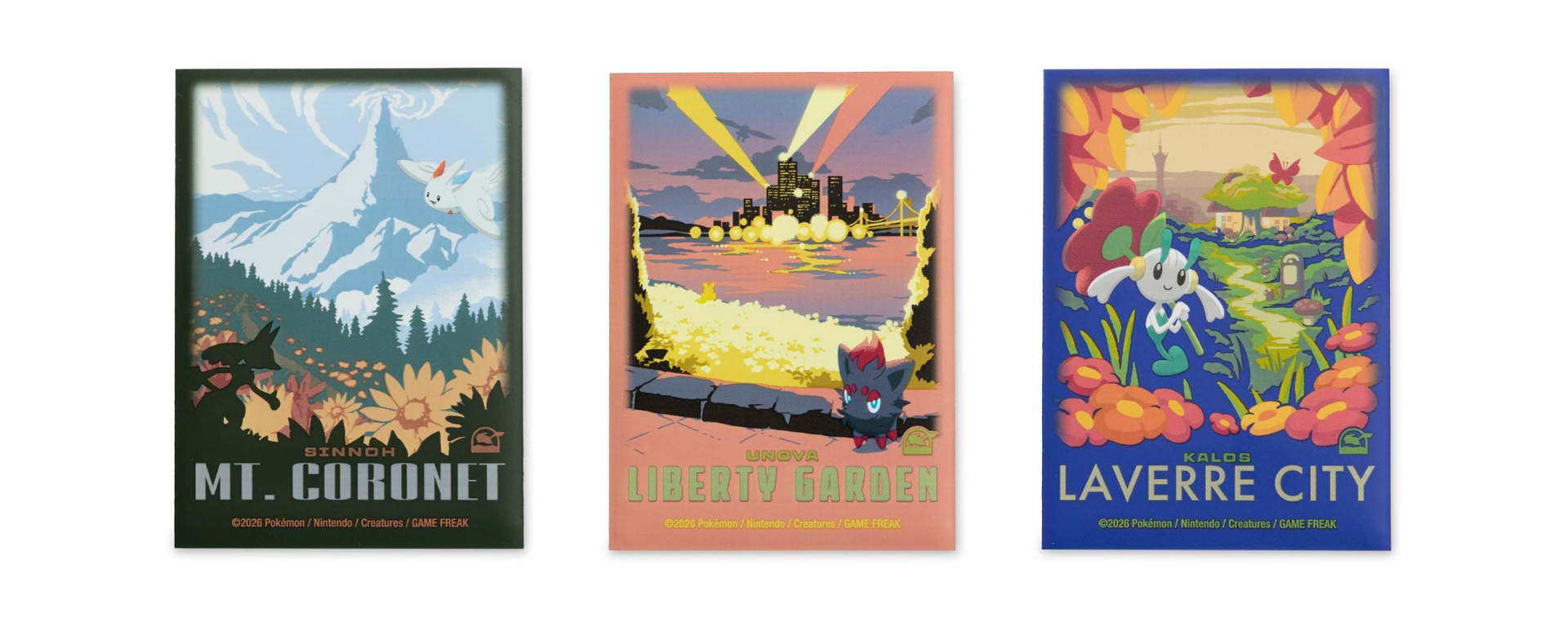 Posters Explore Pokémon représentant Mt. Coronet, Liberty Garden et Laverre City