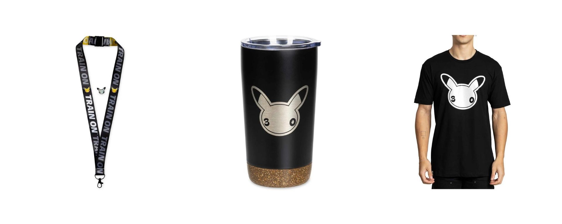 Accessoires Pokémon 30e anniversaire : tour de cou, gobelet isotherme et t-shirt Pikachu