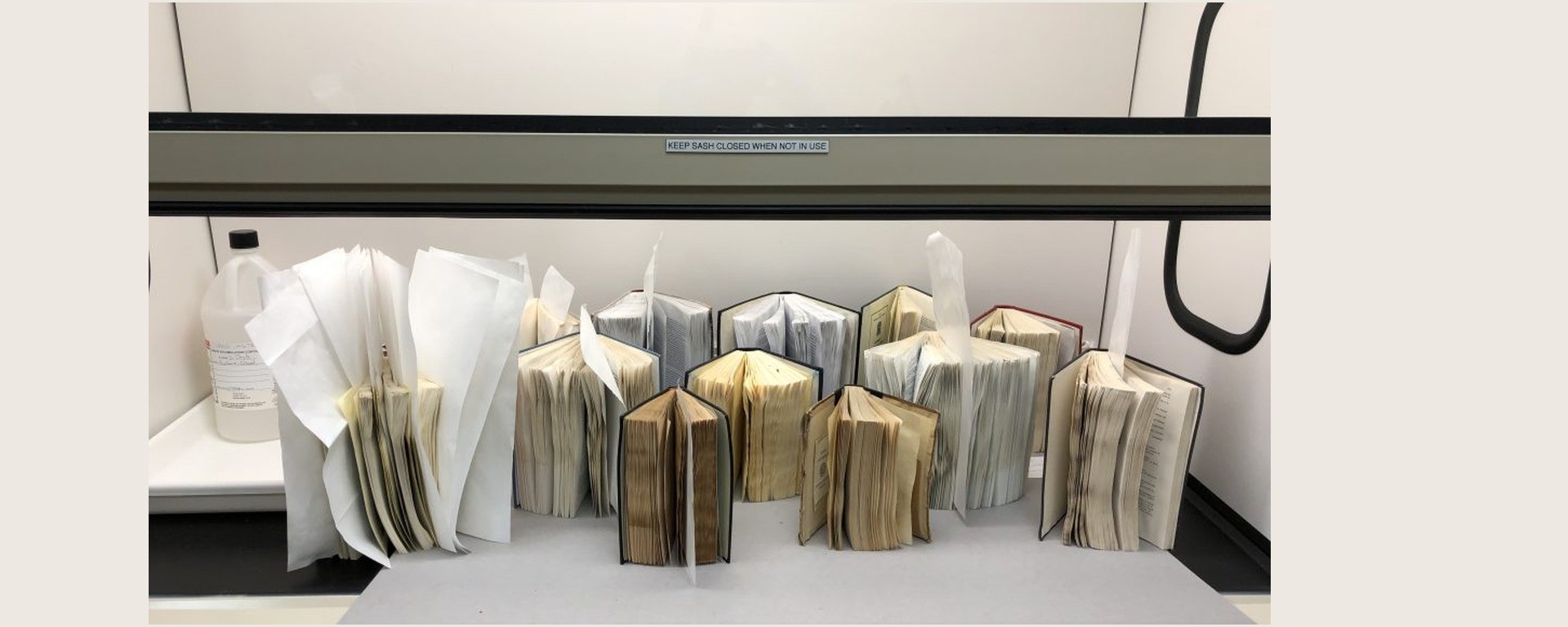 Livre mouillé en cours de séchage à l’air libre dans une salle de conservation