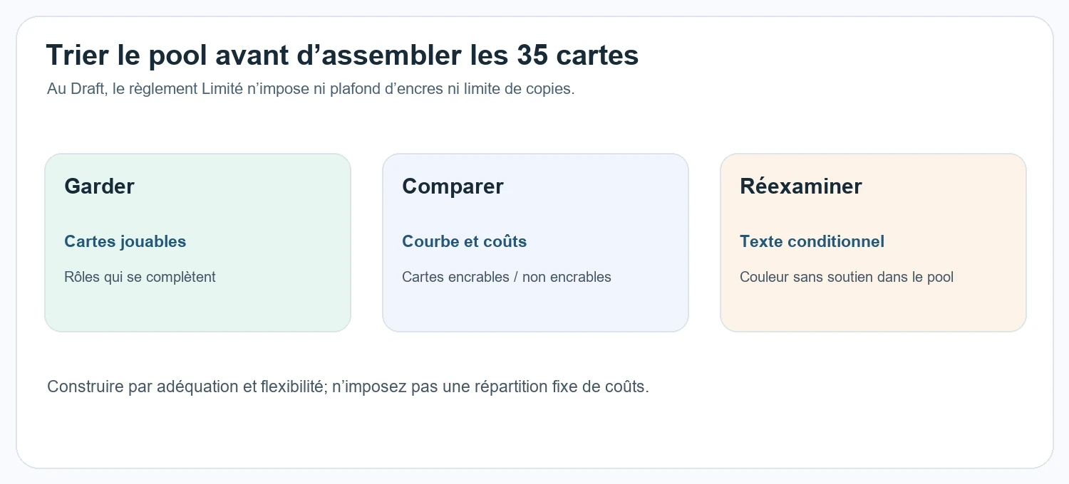 Schéma pédagogique d’une courbe de coûts : trier le pool par coût puis identifier les trous avant de fixer les couleurs.