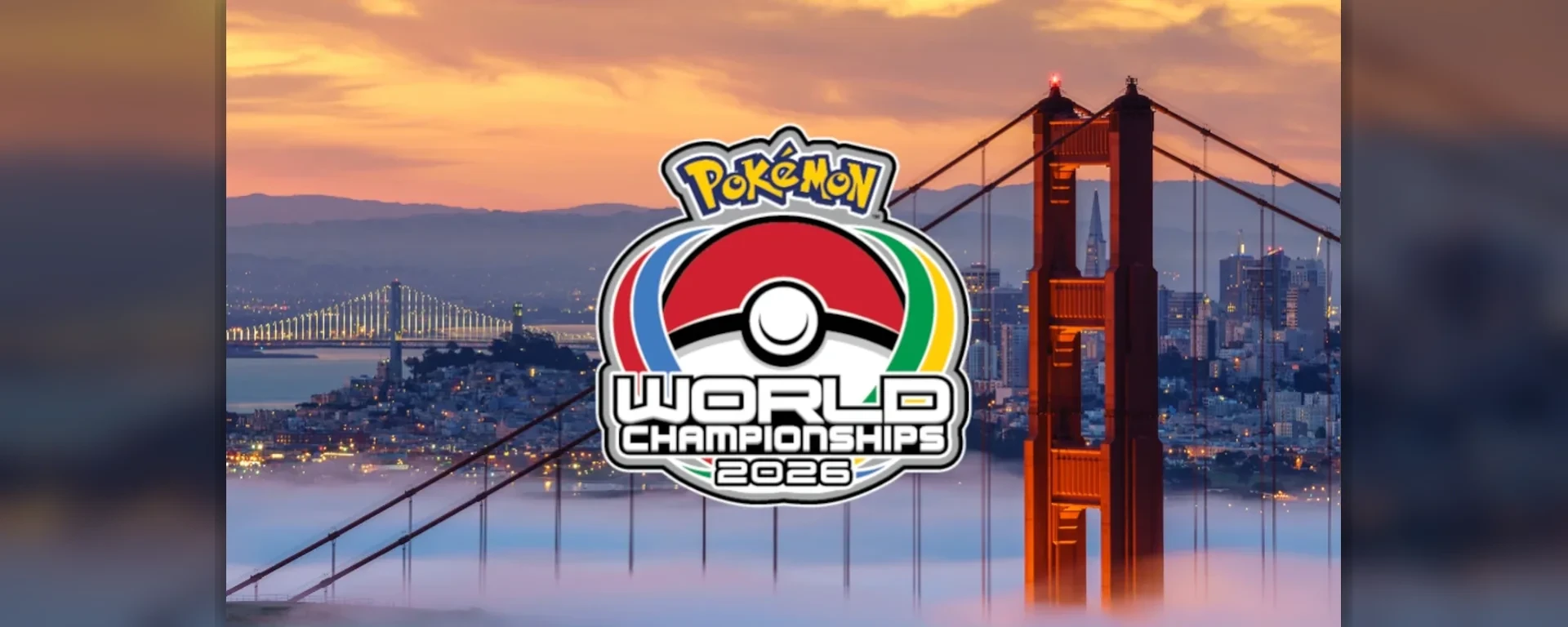 Logo des Championnats du Monde Pokémon 2026 devant le Golden Gate Bridge à San Francisco