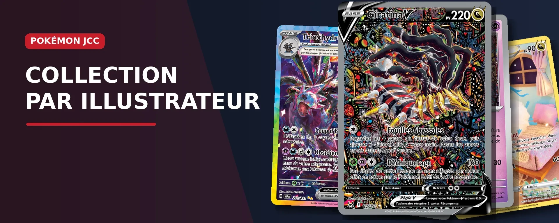 Montage de cartes Pokémon françaises illustrées par plusieurs artistes du JCC Pokémon