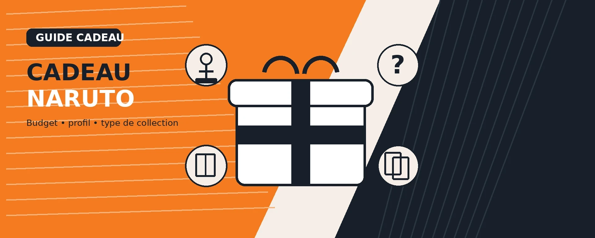 Boîte cadeau stylisée pour un guide Naruto par budget et profil de fan