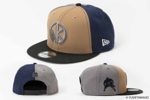 Vues officielles de la casquette Kinnikuman × NEW ERA dans ses coloris kaki, bleu marine clair et gris orage