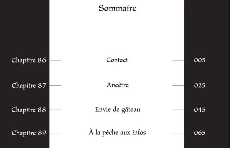 Extrait du sommaire français de Gachiakuta tome 11 : le chapitre 88 Envie de gâteau commence page 45