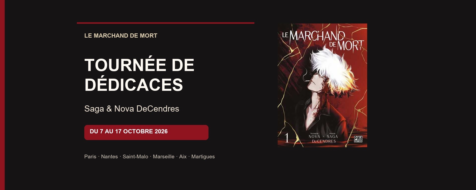Couverture 5:2 de la tournée de dédicaces de Le Marchand de Mort par Saga et Nova DeCendres, du 7 au 17 octobre 2026