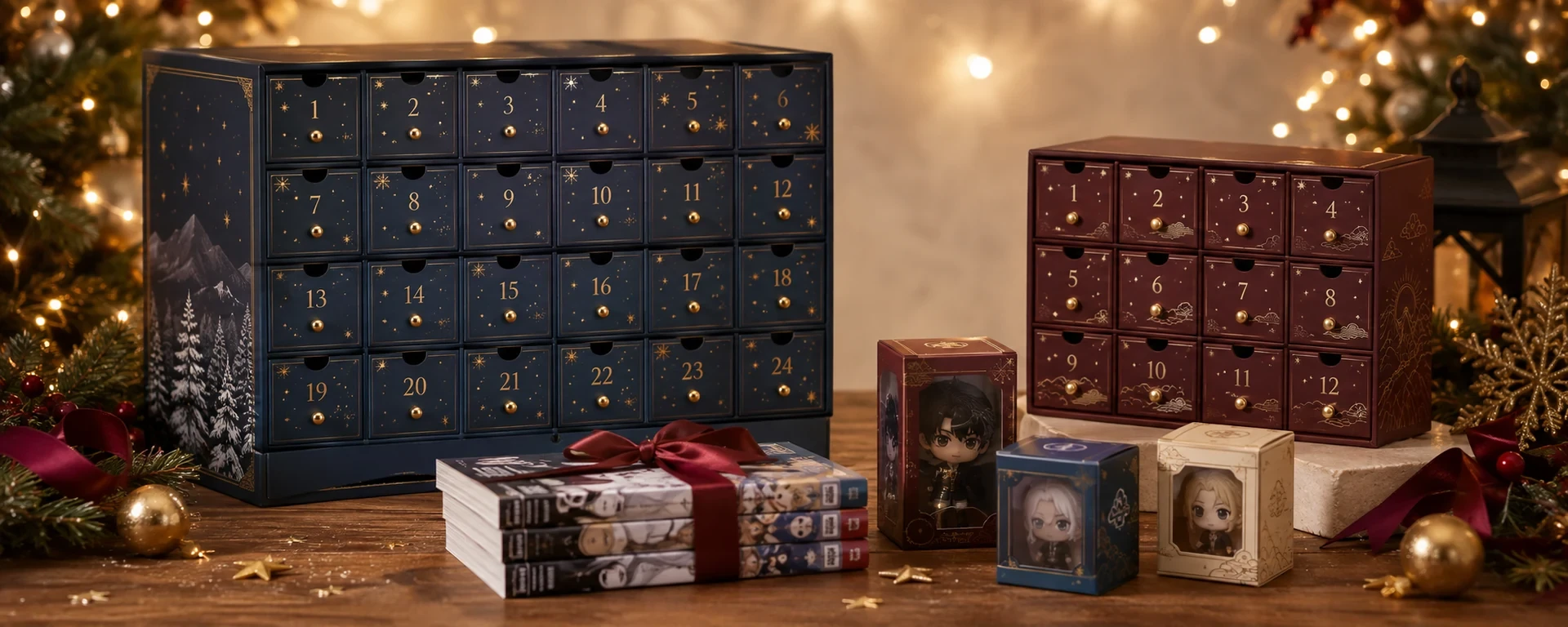 Calendriers de l’Avent manga et pop culture avec livres, figurines et décorations de Noël