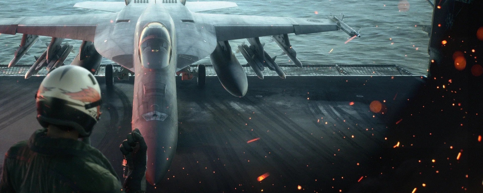 Visuel officiel ACE COMBAT 8 : pilote et avion sur le pont d’un porte-avions