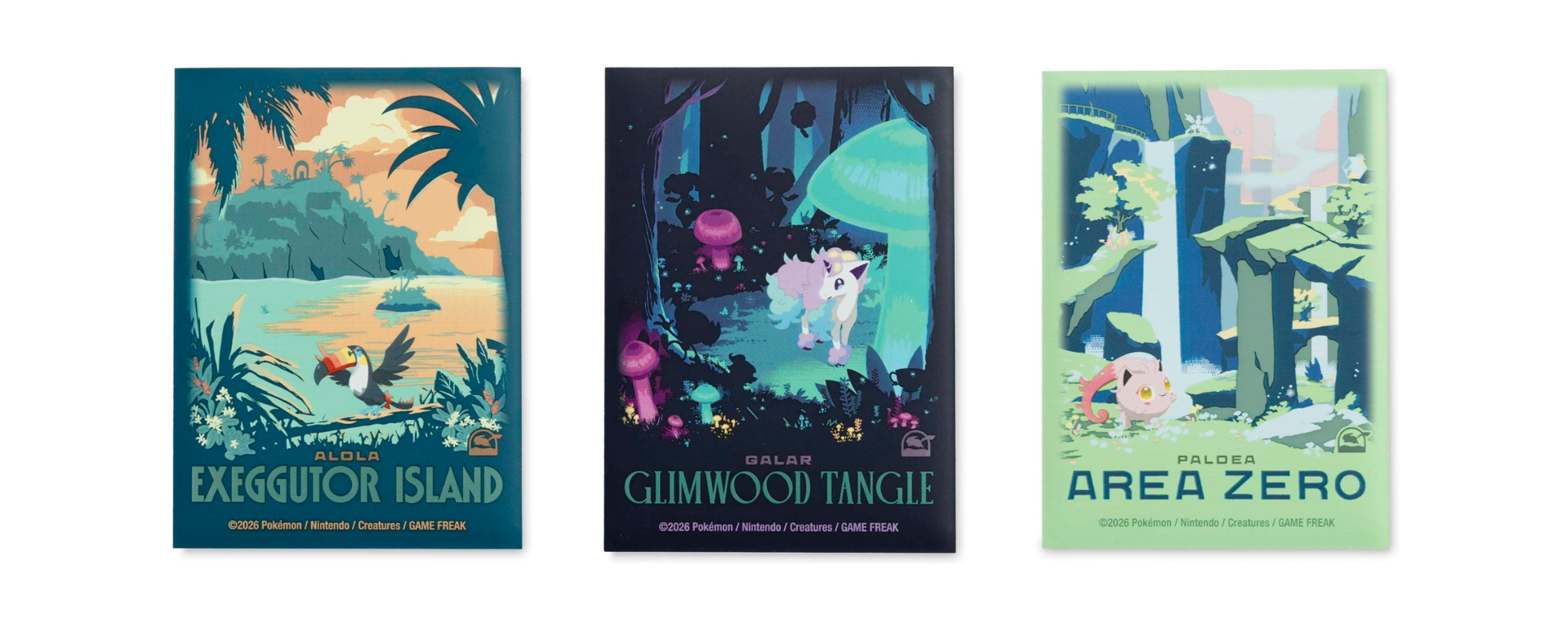 Posters Explore Pokémon représentant Exeggutor Island, Glimwood Tangle et Area Zero