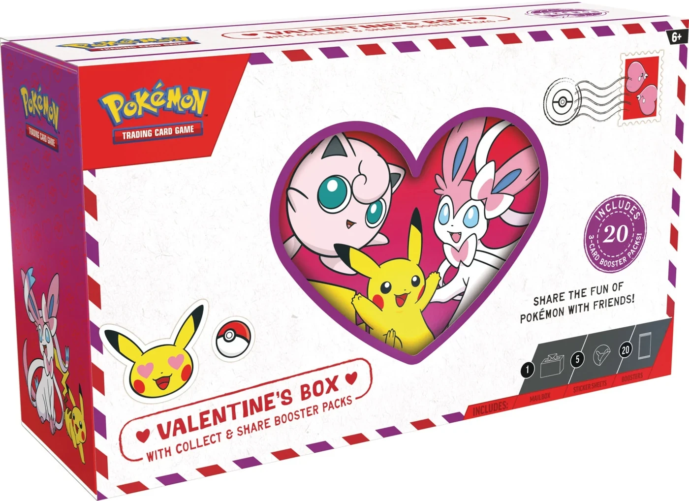 Valentine’s Box Pokémon avec Pikachu, Rondoudou et Nymphali sur son emballage