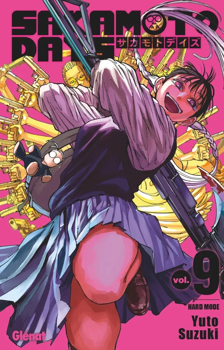 Sakamoto Days tome 9 français, Natsuki Seba sur la couverture rose Glénat