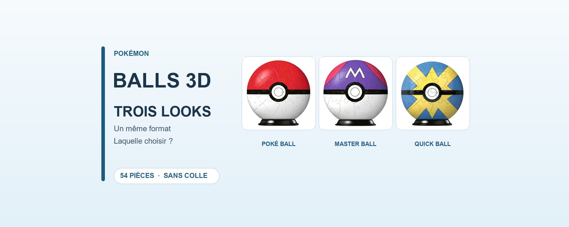 Puzzles 3D Pokémon assemblés : Poké Ball, Master Ball et Quick Ball